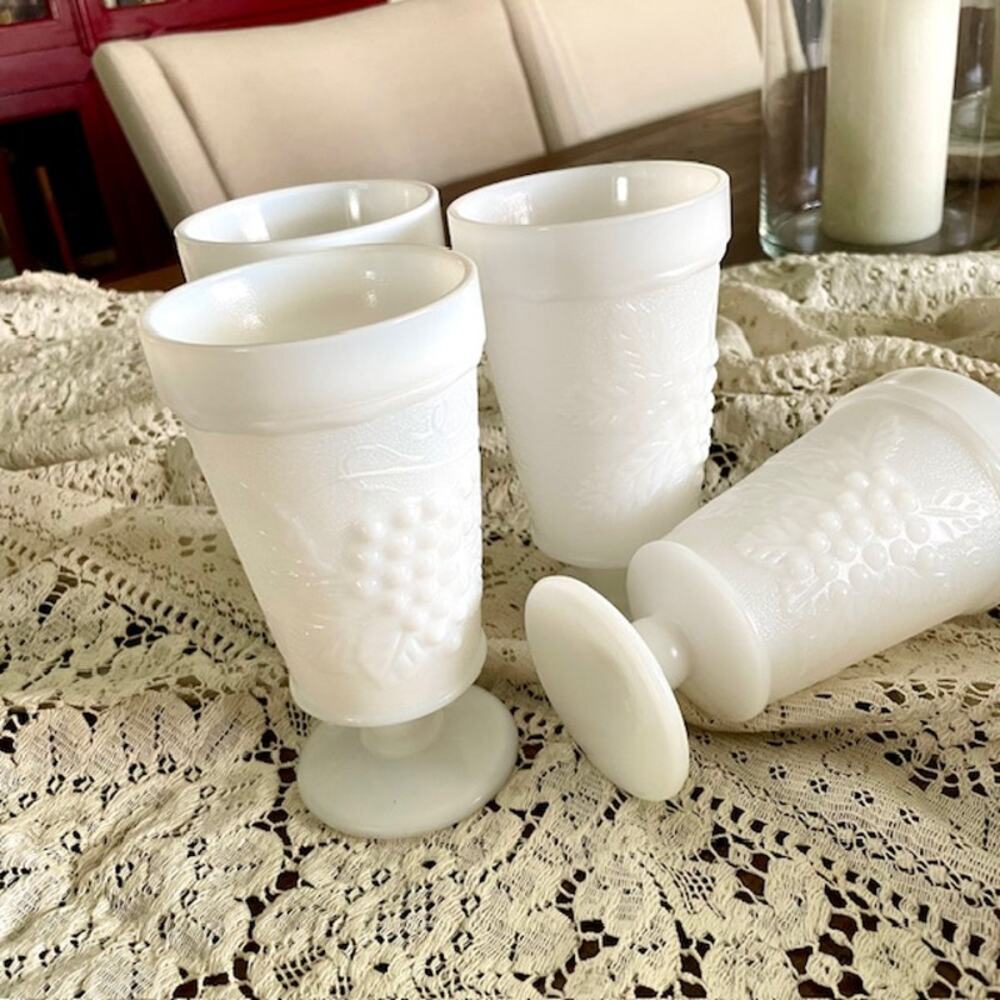 Vintage Milk Glass Goblets Set 4 Grape Pattern Pedestal Farmhouse Decor